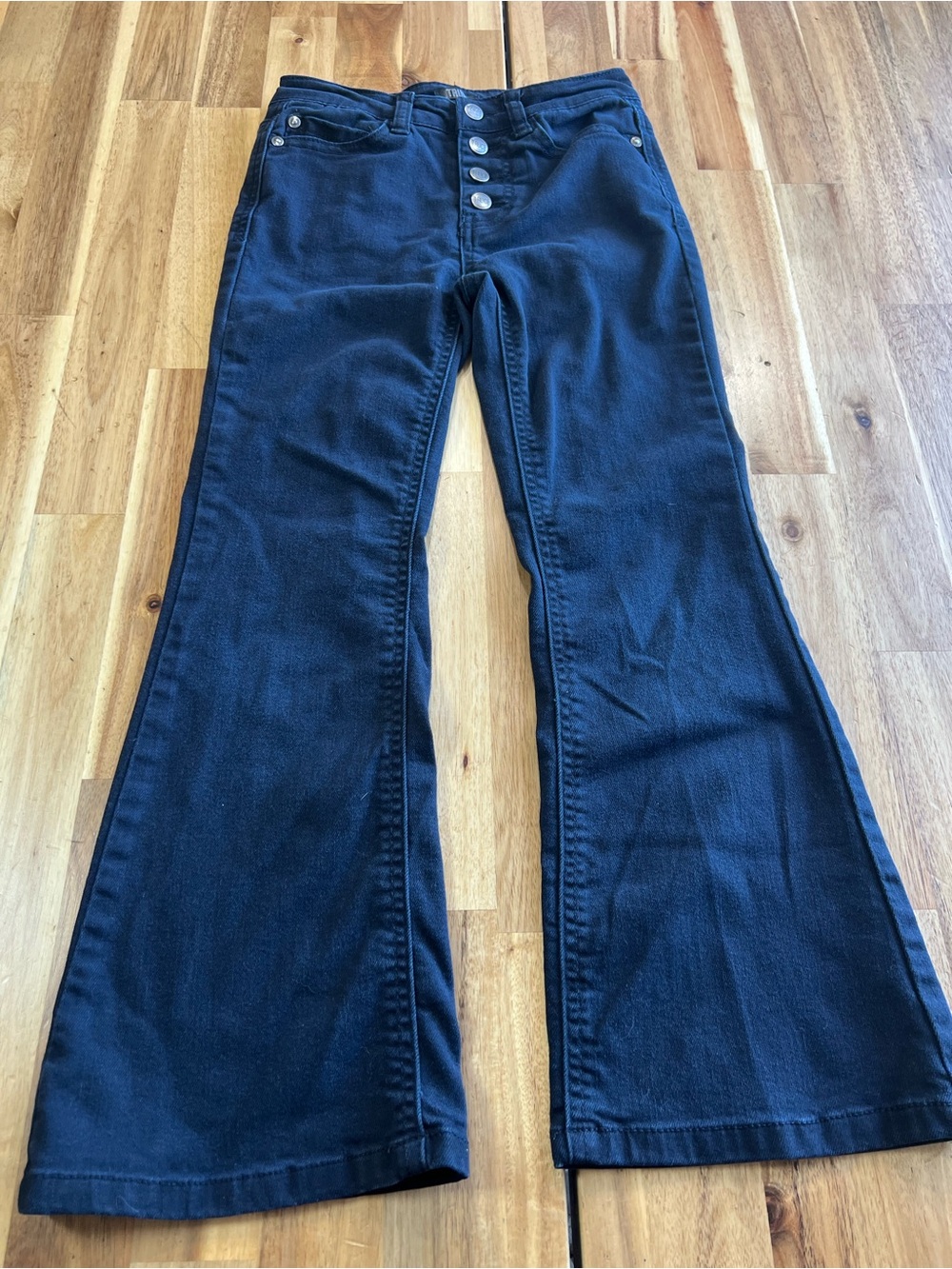 Truce Black High Rise Button Fly Flare Jeans Women’s Size 8 Stretch Denim